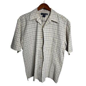 Ivy Crew Shirt Mens Large Linen Blend Check Plaid Button‎ Up Casual Short Sleeve